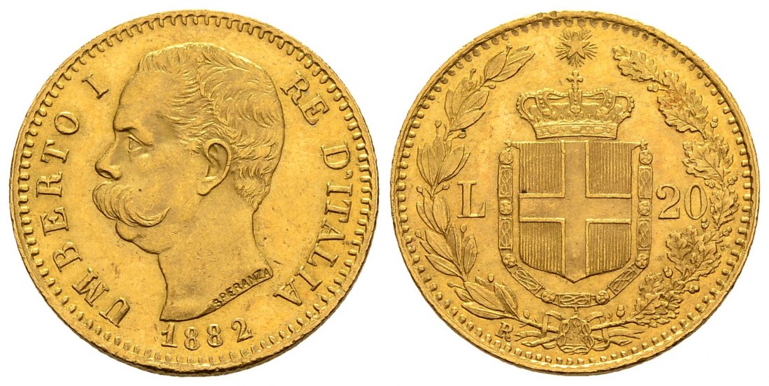 PEUS 2849 Italien 5,81 g Feingold. Umberto I. (1878 - 1900) 20 Lire GOLD 1882 R Rom Kl. Kratzer, Sehr schön / Sehr schön +