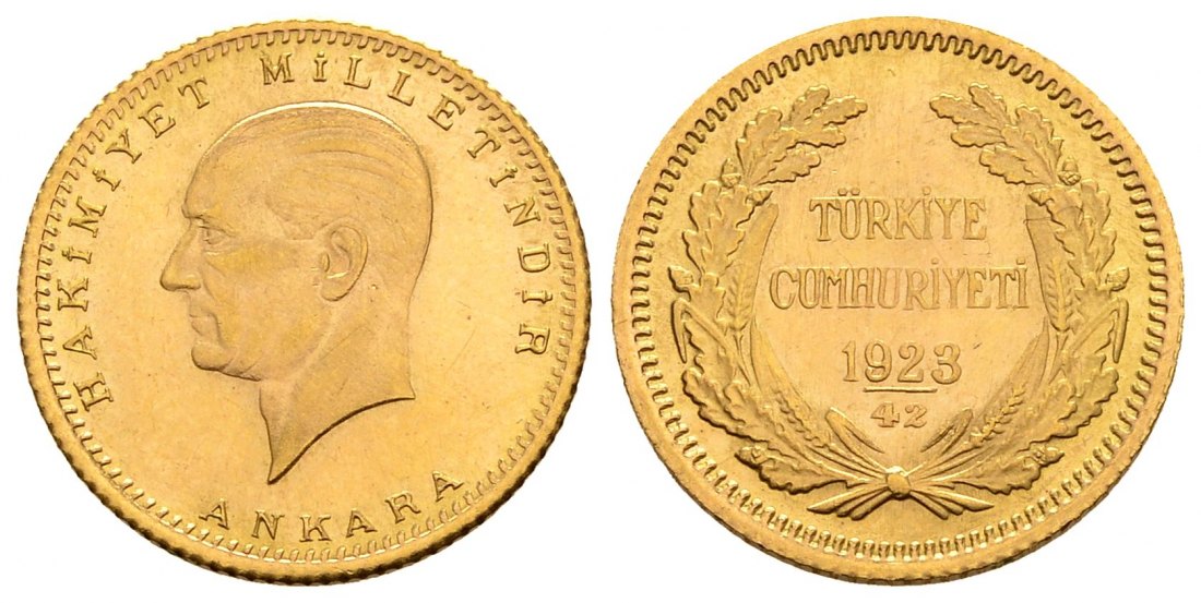PEUS 5849 Türkei 3,31 g Feingold. Atatürk 50 Piaster GOLD 1923-42=1965 Sehr schön