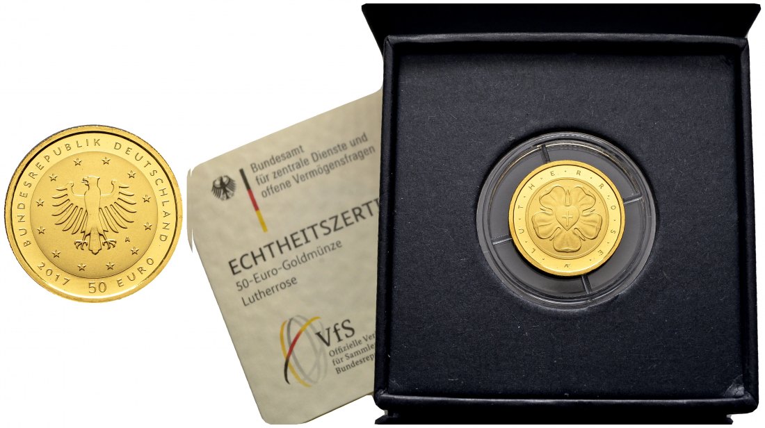 PEUS 2855 BRD 7,78 g Feingold. Lutherrose incl. Etui + Zertifikat 50 Euro GOLD 2017 A Berlin Stempelglanz (in Kapsel)
