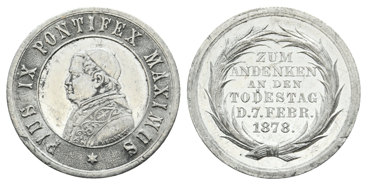 ITALIEN-PAPSTAATEN-PIUS IX, Medaille o. J., Erinnerung an seinen Tod 1878; Zinn, 12,93 g, Ø 30,5 mm   