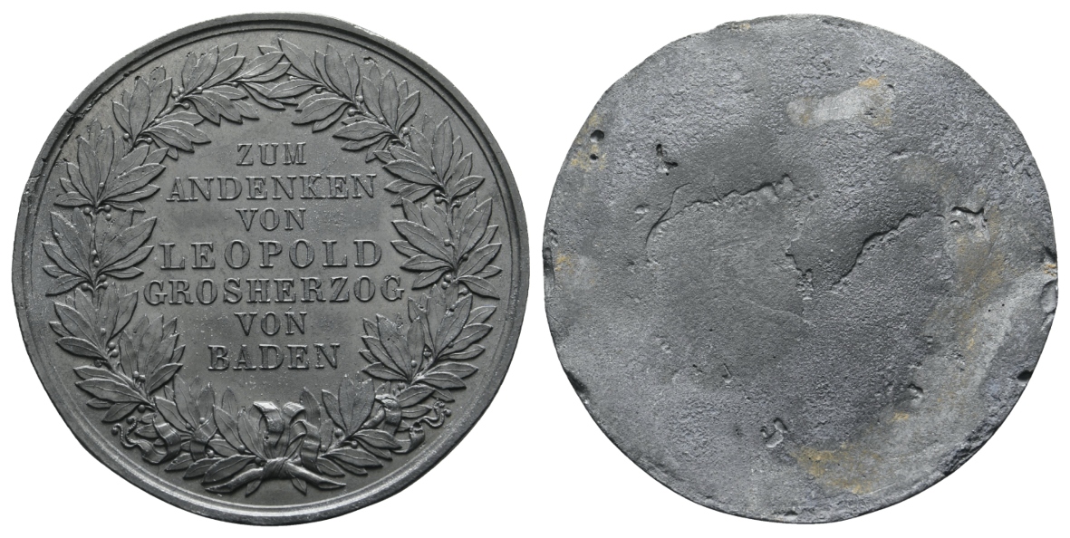 Baden, einseitige Zinnmedaille zum Andenken von Leopold Grosherzog von Baden; 15,25 g, Ø 50 mm   