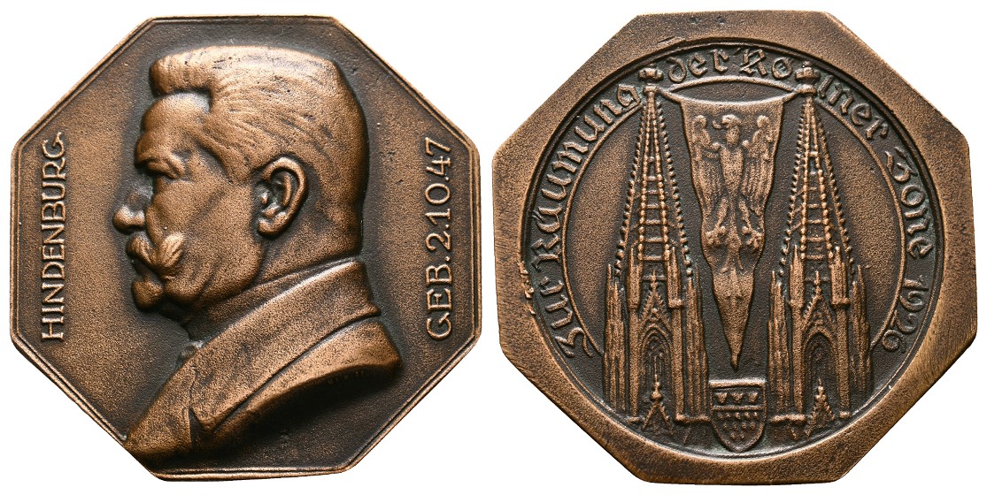  Linnartz Hindenburg Bronzegussmedaille 1926 (M.u.W.St.)a.d.Räumung der Kölner Zone vz Gewicht:76,78g   