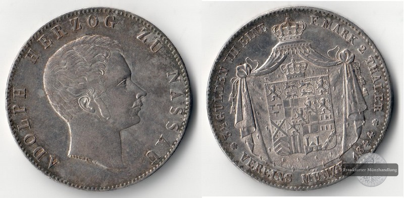  Nassau,  Doppeltaler 1844 Adolph Herzog FM-Frankfurt Feingewicht: 33,41g Silber   