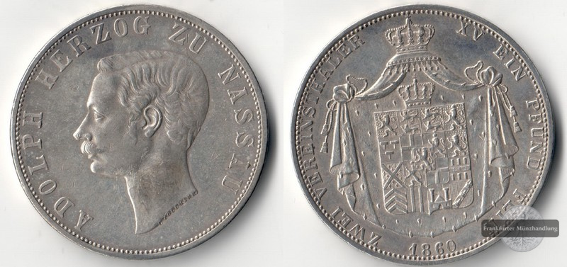  Nassau,  Vereinsdoppeltaler 1860 Adolph Herzog FM-Frankfurt Feingewicht: 33,33g Silber   