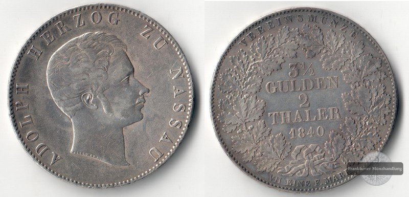  Nassau,  Doppeltaler 1840 Adolph Herzog FM-Frankfurt Feingewicht: 33,41g Silber   