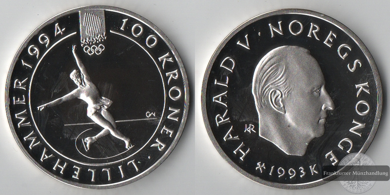  Norwegen  100 Kronen  1993    1994 Olympics   FM-Frankfurt  Feinsilber: 31,27g   