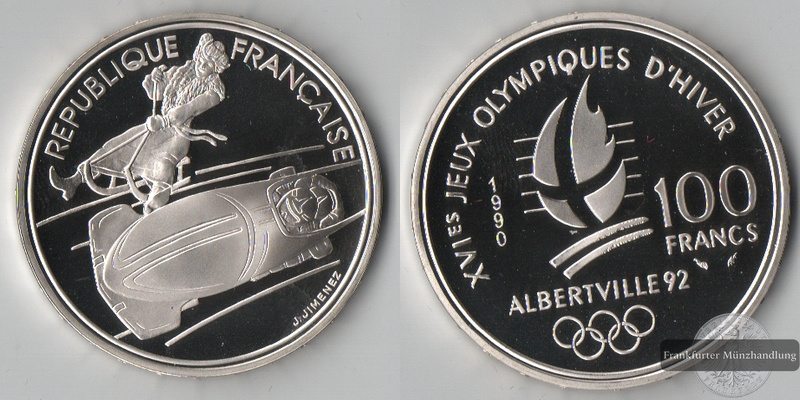  Frankreich  100 Francs  1990  Olympiade Albertville 1992   FM-Frankfurt  Feingewicht: 19,98g   