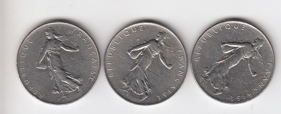 Lot 005 Frankreich 1 Francs ab 1960 3 Umlaufmünze(n)