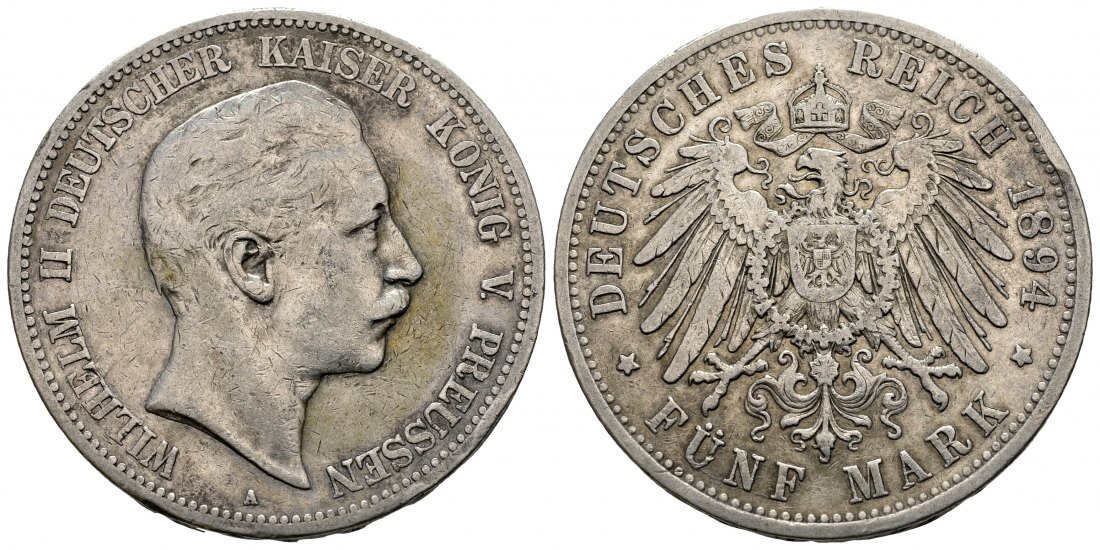 PEUS 2870 Kaiserreich - Preußen Wilhelm II. (1888 - 1918) 5 Mark SILBER 1894 A Randfehler, Sehr schön