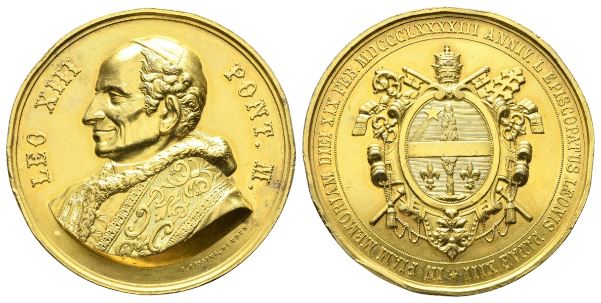  Papst Leo XIII Pont. M.; vergoldete Bronzemedaille o.J.; 98,47 g, Ø 60 mm, Randfehler   
