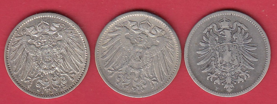 T16 Lot Kaiserreich 1 Mark 1875 F - 1893 D - 1902 J (vz) mit natürlicher Patina