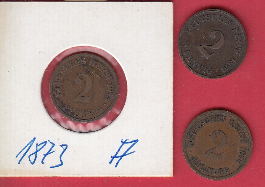 T18 Lot Kaiserreich 2 Pfennig 1873 A - 1876 D - 1876 G mit natürlicher Patina