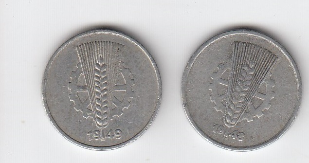 T21 Lot DDR 10 Pfennig 1948 A und 1949 A mit natürlicher Patina