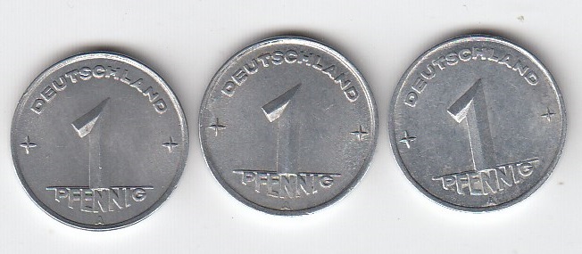 T22 Lot DDR 1 Pfennig 1948 A - 1949 A -1950 A Stempelglanz/Bankfrisch mit natürlicher Patina