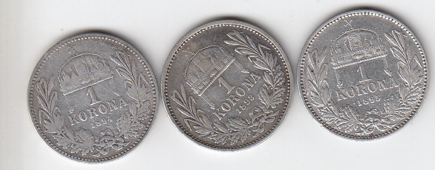 t35 Österreich 3 x 1 Corona 1893 , 1894 und 1895 - Silber