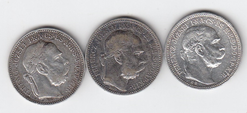 t36 Österreich 3 x 1 Corona 1894 , 1896 und 1915 - Silber