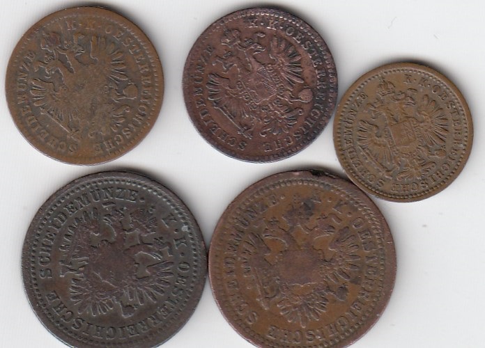t39 Österreich 4 x 1 Kreuzer 1851 A,1851 B,1860 B,1879 und 5/10 Kreuzer 1885