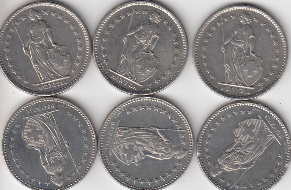 T47 Schweiz 6 x 2 Franken 1969,78,81,88,94,2008 Umlaufmünzen