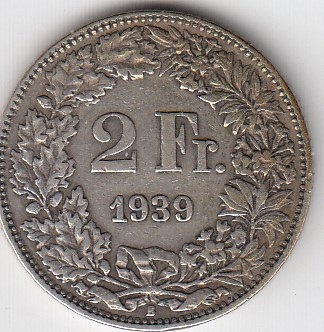 T49 Schweiz 2 Franken 1938 natürliche Patina - in Top Erhaltung / Vorzüglich