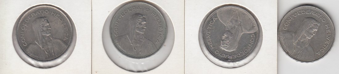 T52 Schweiz 4 x 5 Franken 1976,81,94,95 Umlaufmünzen mit natürlicher Patina