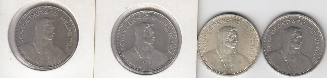 T53 Schweiz 4 x 5 Franken 1967,68,95,97 Umlaufmünzen mit natürlicher Patina
