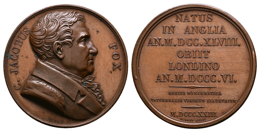  Linnartz Frankreich Bronzemedaille 1823 (Wolf) Charles Jacobus Fox vz Gewicht: 46,8g   