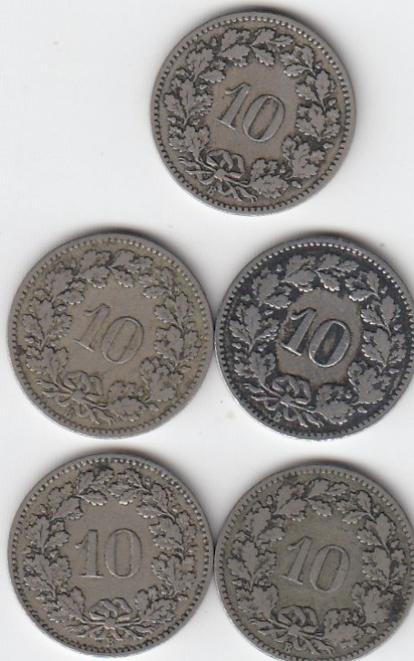 T69 Schweiz 5 x 10 Rappen 1880,82,83,84,85 natürliche Patina