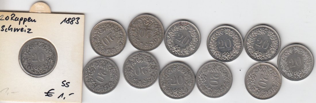 T71 Schweiz 12 x 20 Rappen 1883(3x),93,94,1943,44,60,75,80,81,93 natürliche Patina