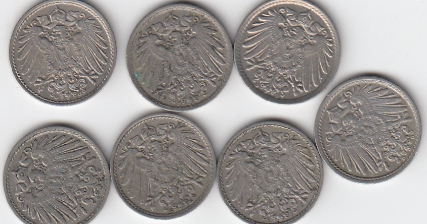T83 Kaiserreich 7 x 5 Pfennig 1912 D,1913 D+F+E,1914 D+F+G natürliche Patina