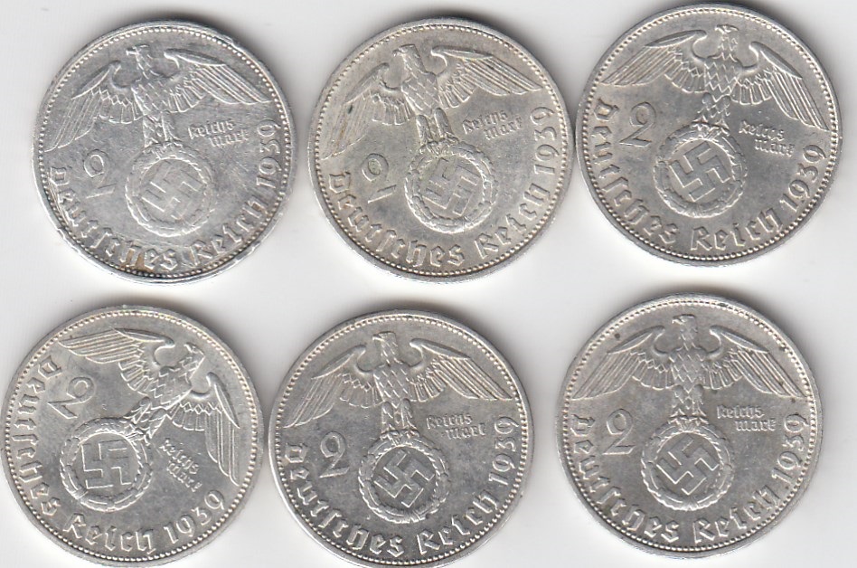 T 88 3. Reich 6 x 2 Mark 1939 A,D,E,F,G,J vz Silber mit natürlicher Patina - Top Erhaltung !