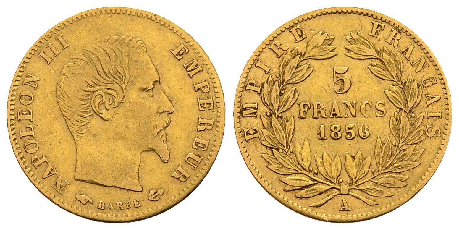 PEUS 2882 Frankreich 1,45 g Feingold. Napoleon III. (1852 - 1870) 5 Francs GOLD 1856 A Paris Sehr schön