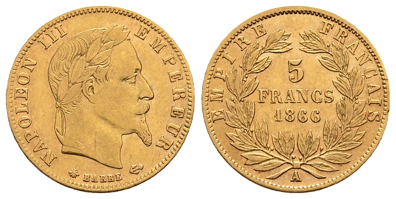 PEUS Frankreich 1,45 g Feingold. Napoleon III. (1852-1870) 5 Francs GOLD 1866 A Sehr schön