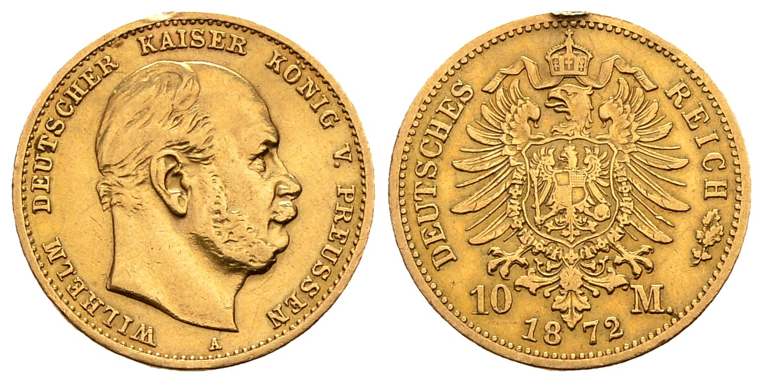 PEUS 2889 Kaiserreich - Preußen 3,58 g Feingold. Wilhelm I. (1861 - 1888) 10 Mark GOLD 1872 A Henkelspur, Sehr schön