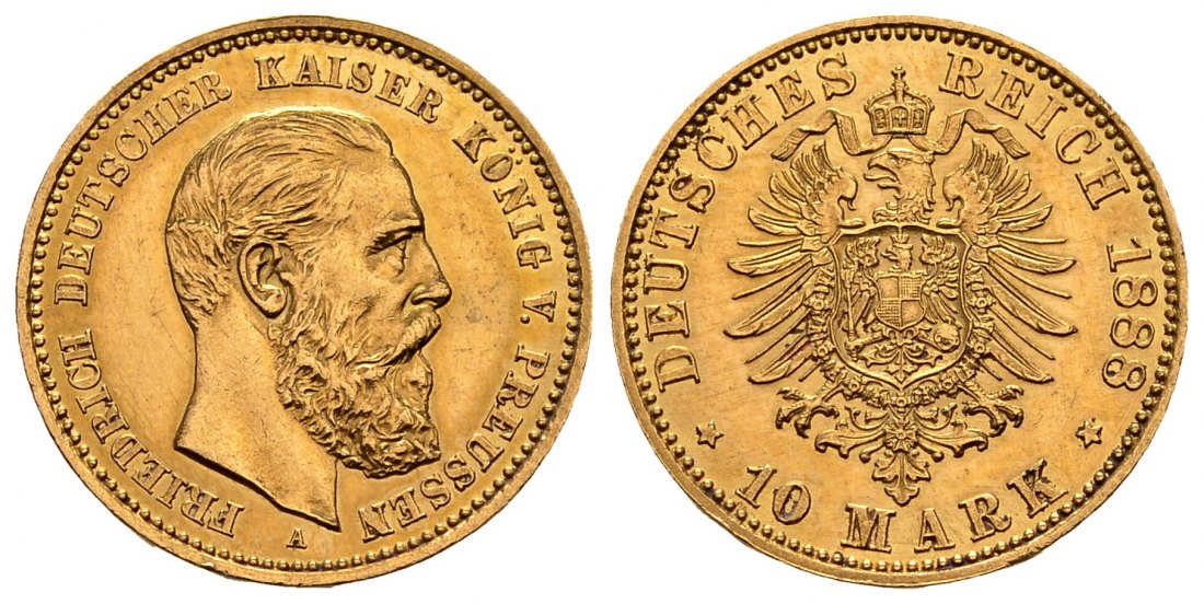 PEUS 2891 Kaiserreich - Preußen 3,58 g Feingold. Friedrich III. (09.03.- 15.06.1888) 10 Mark GOLD 1888 A Kl. Randfehler, fast Vorzüglich