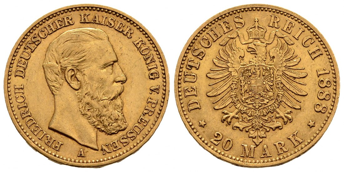 PEUS 2892 Kaiserreich - Preußen 7,16 g Feingold. Friedrich III.(09.03. - 15.06.1888) 20 Mark GOLD 1888 A Sehr schön