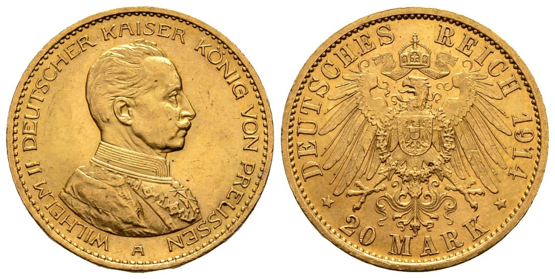 PEUS 2894 Kaiserreich - Preußen 7,16 g Feingold. Kaiser in Kürassieruniform 20 Mark GOLD 1914 A Kl. Kratzer, Sehr schön / Vorzüglich