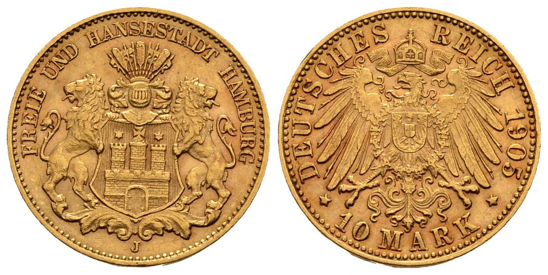 PEUS 2895 Kaiserreich - Hamburg 3,58 g Feingold. Stadtwappen - Großer Adler 10 Mark GOLD 1905 J Kl. Kratzer, fast Vorzüglich