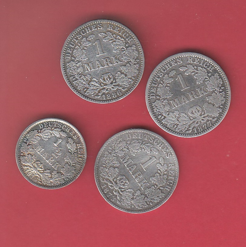 T112 Lot Kaiserreich 3 x 1 Mark 1873 B,1877 A,1886 E und 1/2 Mark 1916 F natürliche Patina
