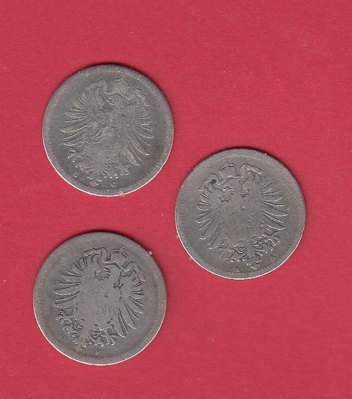 T113 Lot Kaiserreich 3 x 20 Pfennig 1874 A,1875 F,1875 G natürliche Patina
