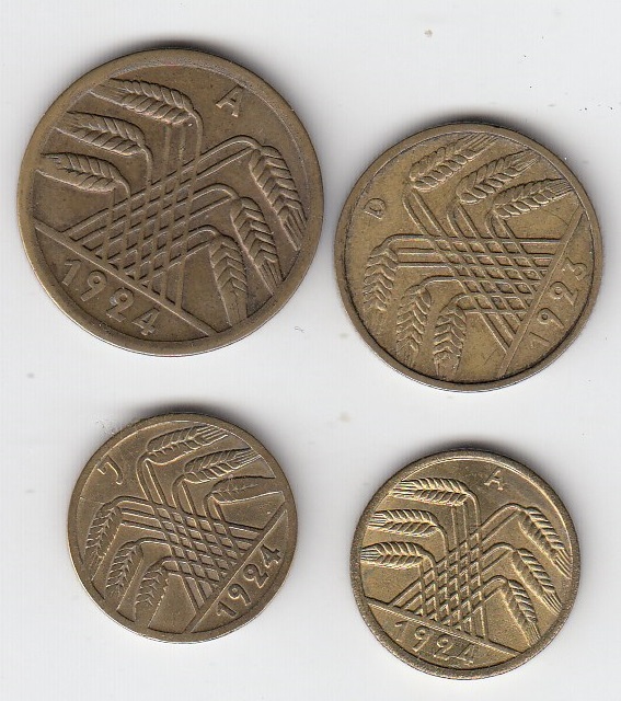 T116 Weimarer Republik 5 Rentenpf..1924 A+J,10 Rpf.23 D,50 Rpf.24 A Top Erhatung natürliche Patina