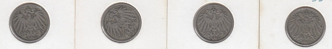 T122 Kaiserreich 4 x 10 Pfennig 1901 G,E 1906 G,J natürl. Patina
