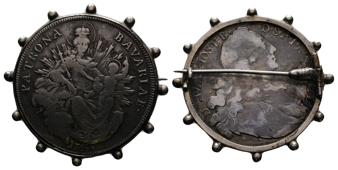  Linnartz Bayern, Madonnentaler 1765, In Ringfassung-Brosche mit Nadel, tragbar, 35 Gramm ss   