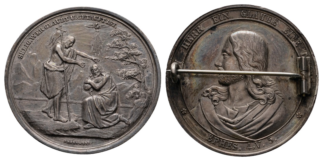  Linnartz Religion, Silberne Taufmedaille o.J. um 1850(v. Drentwett), als Brosche, 40mm, ss +   