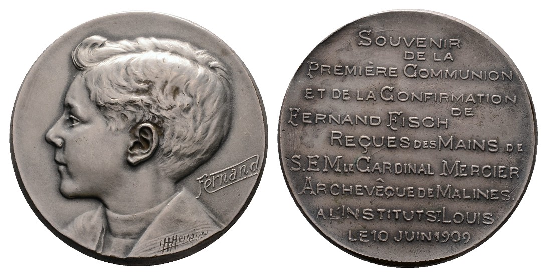  Linnartz Belgien, Versilb. Bronzemedaille 1909, zur Erinnerung - Firmung/Kommunion, 33 mm, vz   