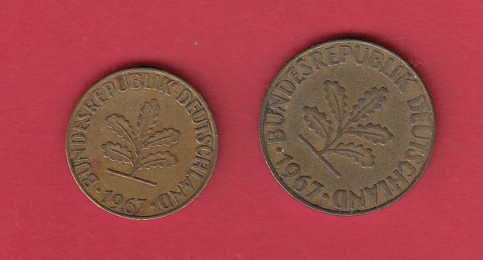 T 143 BRD 5 und 10 Pfennig 1967 G ss-vz - SELTEN - natürliche Patina
