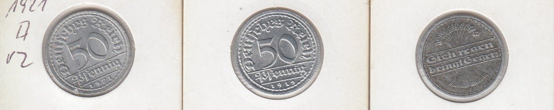 T 145 Weimar 50 Pfennig 1921 A vz, 1921 D stgl.,1921 s-ss natürliche Patina