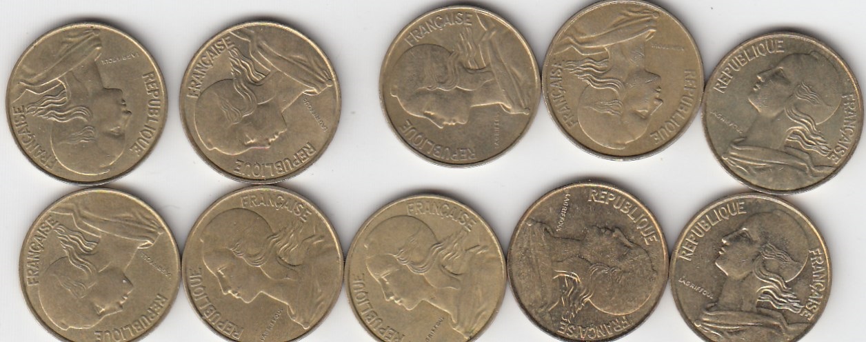T 147 Frakreich Lot 10 x 10 Centimes 1963,67,86,87,89,90,91,93,94,97 - natürliche Patina