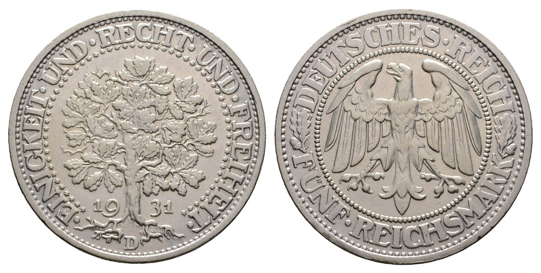  Linnartz Weimarer Republik 5 Mark 1931 D Eichbaum vz -   