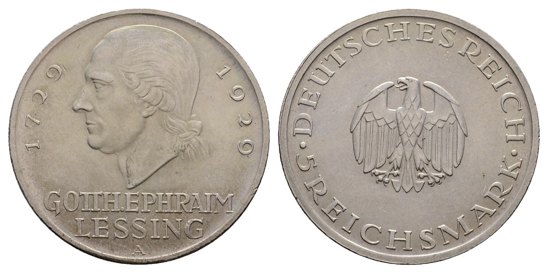  Linnartz Weimarer Republik 5 Mark 1929 A, Lessing, fast st   