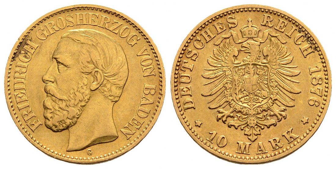 PEUS 2900 Baden - Kaiserreich 3,58 g Feingold. Friedrich I. (1852 - 1907) 10 Mark GOLD 1876 G Kl. Randfehler, Sehr schön